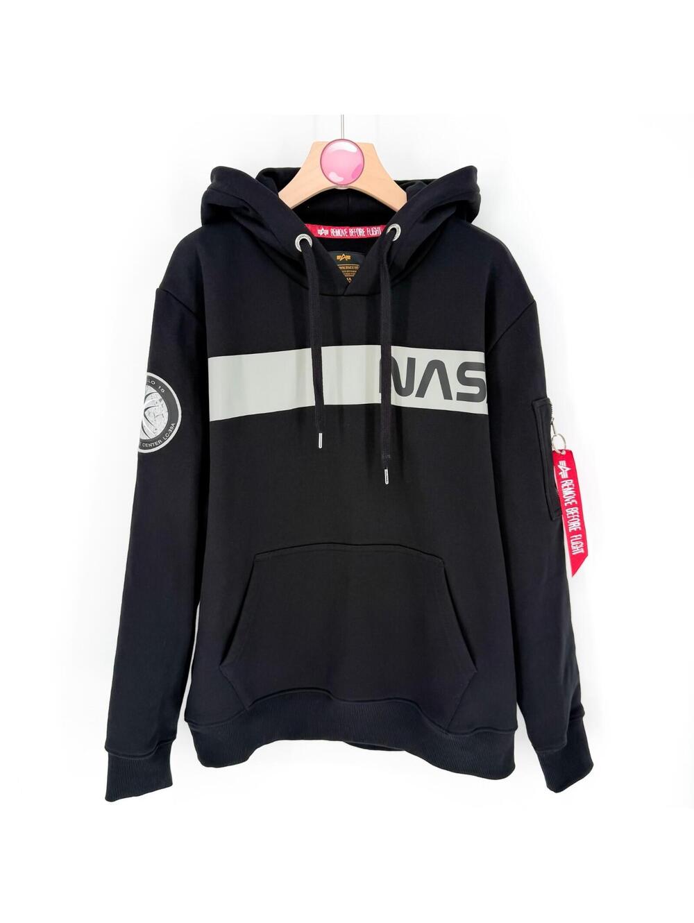 Alpha Industries NASA Hoodie Zip Pull Tag Black Gray Pullover Logo Pocket Mens M